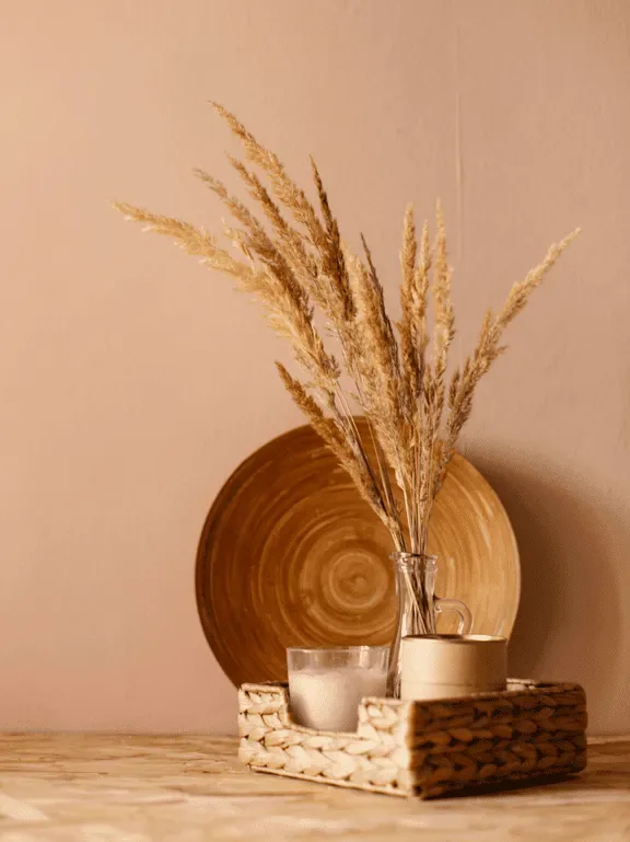 Herbes de pampa dans un vase devant un mur terracotta